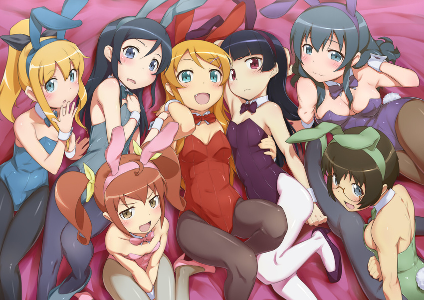 6+girls :3 :d animal_ears aqua_eyes aragaki_ayase bare_shoulders between_thighs black_hair black_legwear blonde_hair blue_eyes blue_hair blue_legwear blush breasts bridget_evans brown_eyes brown_hair bunny_ears bunny_girl bunnysuit cleavage fang glasses gokou_ruri green_eyes high_heels hug kanna_asuke kousaka_kirino kurusu_kanako legs long_hair makishima_saori md5_mismatch mole mole_under_eye multiple_girls no_eyewear open_mouth ore_no_imouto_ga_konna_ni_kawaii_wake_ga_nai pantyhose petite ponytail red_eyes shoes short_hair small_breasts smile tamura_manami twintails v_arms white_legwear wrist_cuffs