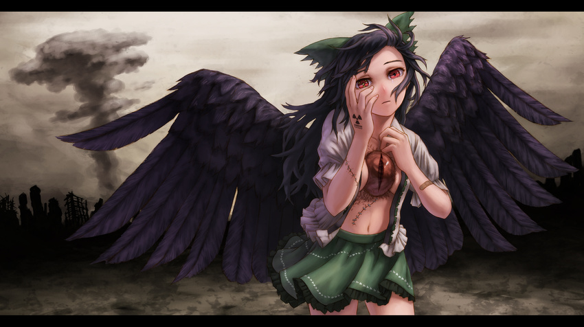 bad_id bad_pixiv_id bandaid black_wings bow cloud feathered_wings hair_bow hand_on_own_face highres kurione_(zassou) letterboxed mushroom_cloud navel open_clothes open_shirt radiation_symbol red_eyes reiuji_utsuho scar shirt skirt solo stitches symbol-shaped_pupils tears third_eye touhou wings