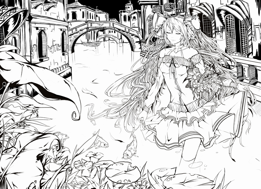 bare_shoulders bridge closed_eyes fish flower greyscale hatsune_miku highres leaf light_smile long_hair monochrome plant skirt skirt_hold solo sukya twintails vocaloid wading water