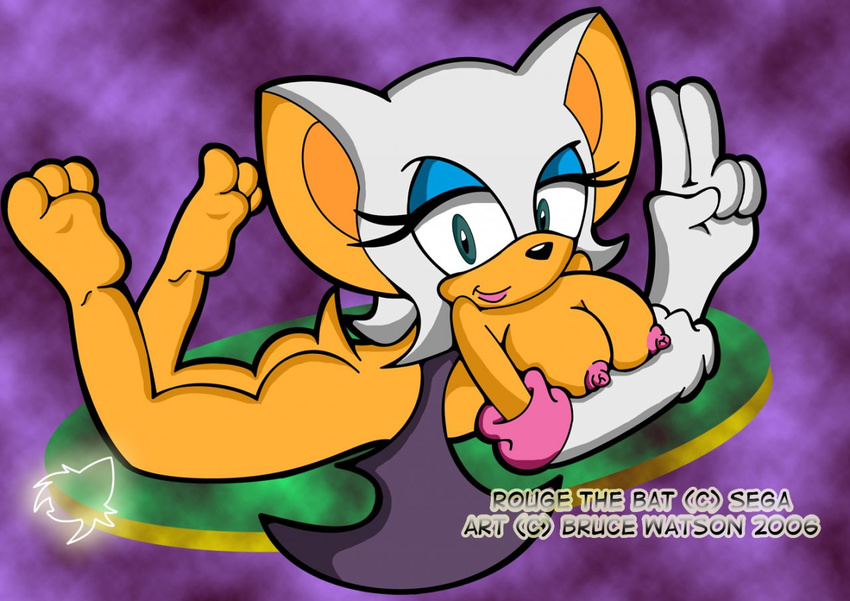 bat breasts bruce_watson butt elbow_gloves female gloves green_eyes lagomorph looking_at_viewer mammal mobian nipples nude pinup pose rouge_the_bat sega smile solo sonic_(series) tail wings