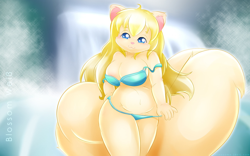 big_thighs bikini blonde_hair blue_eyes chubby clothed clothing cute female hair looking_at_viewer mammal maverick overweight skimpy skunk solo swimsuit tail thick_thighs undressing wallpaper widescreen