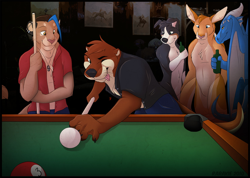 alcohol anthro balls bar beer beverage blue_dragon booga border_collie canine chaosreign clothing cougar dog dragon feline fur green_eyes kangaroo lion male mammal marsupial mountain mushu mustelid necklace one_eye_closed ora otter pool pool_(game) pool_table public puma rarakie redclaw_the_otter rover