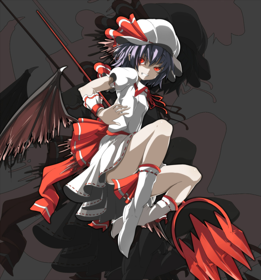 alternate_color bad_id bad_pixiv_id boots demon_wings grin hat highres low_wings ogipote purple_hair red_eyes remilia_scarlet short_hair smile solo touhou wings zoom_layer