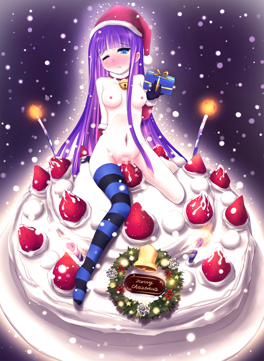bell blush breasts bulbonne cake candle censored christmas food fruit hat highres long_hair medium_breasts mosaic_censoring multicolored_hair navel nipples nude one_eye_closed panty_&amp;_stocking_with_garterbelt santa_hat sitting solo stocking_(psg) strawberry striped striped_legwear thighhighs two-tone_hair
