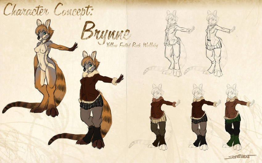 breasts brynne clothing coat concept cute ears eyes female fur hair hindpaw leg_warmer legwear mammal marsupial model_sheet navel nipples nude pants paws plain_background pussy sefeiren skirt solo stripes tail wallaby white_background yellow-footed_rock-wallaby
