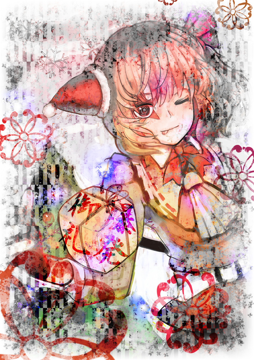 ;p abstract bad_id bad_pixiv_id bangs belt belt_buckle blonde_hair bow bowtie box bright_pupils buckle cravat flandre_scarlet gift gift_box gradient_hair hair_ribbon hat highres holding holding_gift long_sleeves looking_at_viewer multicolored_hair one_eye_closed orange_hair organ_derwald red_bow red_eyes red_hat red_neckwear red_ribbon ribbon ribbon_trim ringed_eyes santa_hat short_hair snowflakes solo tongue tongue_out touhou upper_body