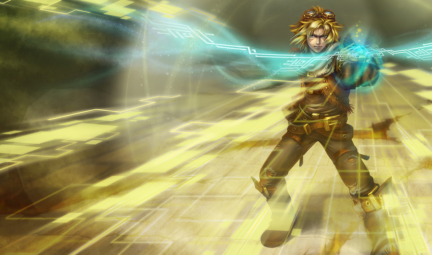 blonde_hair crystal ezreal goggles league_of_legends male_focus official_art solo