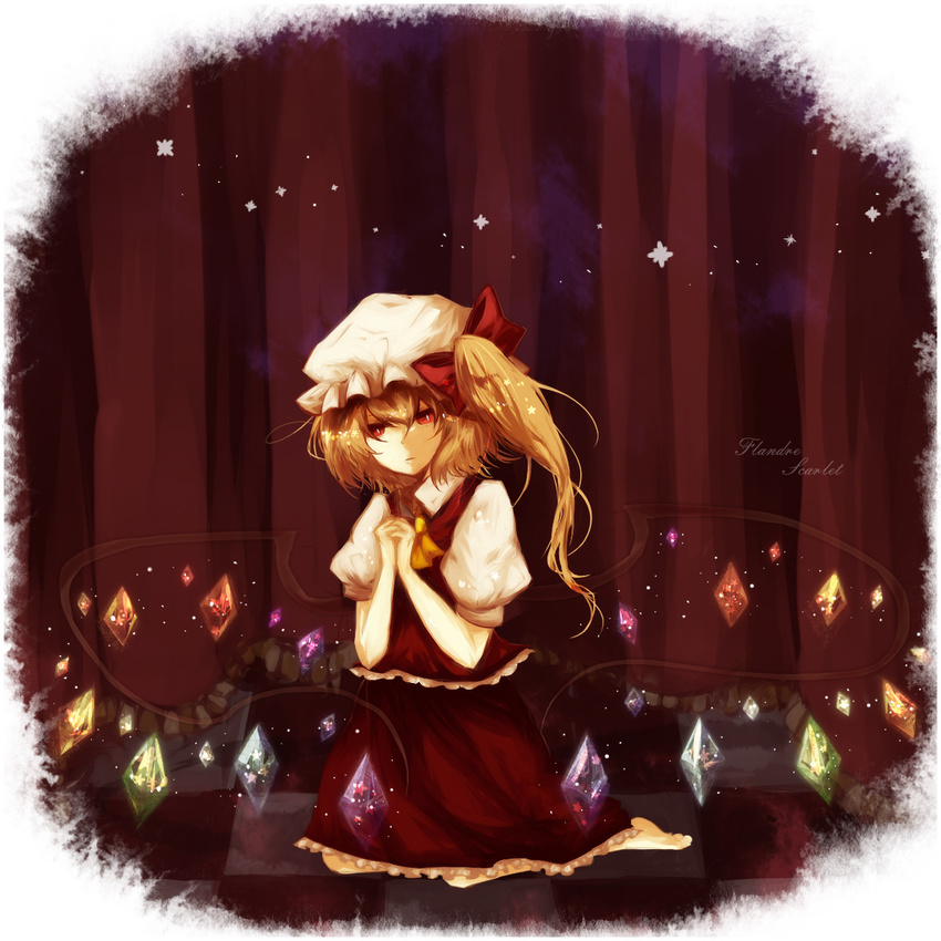 bad_id bad_pixiv_id blonde_hair checkered flandre_scarlet hands_clasped hat highres kaio_(watagami) kneeling own_hands_together red_eyes side_ponytail solo touhou wings