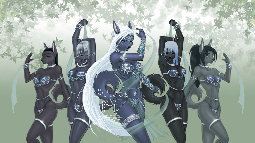 16:9 black_hair blue_hair bracelet canine chainmail_bikini dossun female forest gray_hair hair impractical_armor jewelry necklace piercing pose ribcage rings tail too_thin tree two_piece unconvincing_armour wallpaper white_hair