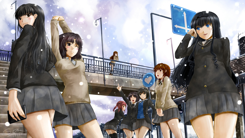 amagami arms_up ayatsuji_tsukasa black_eyes black_hair black_jacket blazer blue_eyes blush book brown_hair drill_hair grey_skirt hairband highres jacket kamizaki_risa kibito_high_school_uniform long_hair morishima_haruka multiple_girls nakata_sae nanasaki_ai one_eye_closed red_hair sakurai_rihoko school_uniform short_hair sinzire skirt stretch sweater_vest tachibana_miya tanamachi_kaoru thighhighs twintails zettai_ryouiki