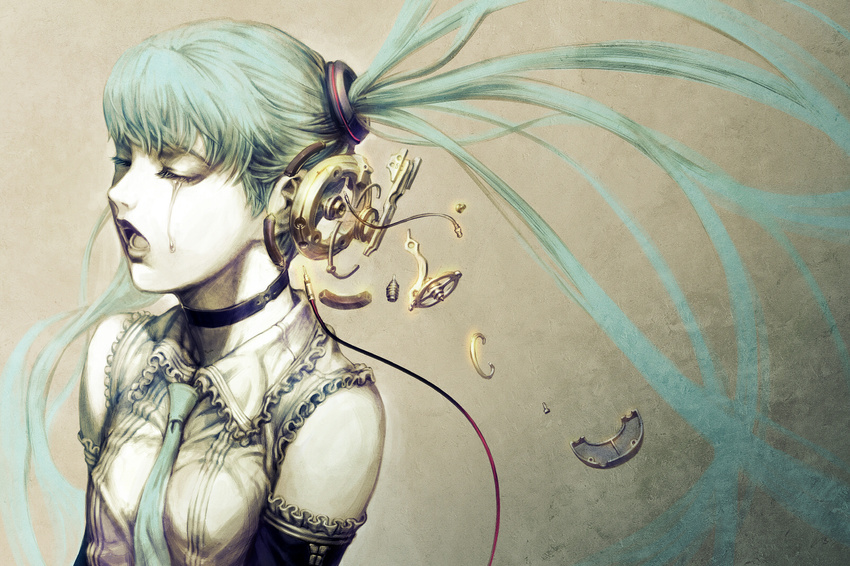adapted_costume android aqua_hair aqua_nails bangs bare_shoulders between_breasts breasts brown_background cable choker closed_eyes collared_shirt commentary_request crying debris detached_sleeves eyelashes floating_hair frills hair_ornament hatsune_miku headphones highres long_hair music nagimiso nail_polish necktie necktie_between_breasts open_mouth screw shirt singing small_breasts solo streaming_tears tears twintails upper_body very_long_hair vocaloid white_shirt