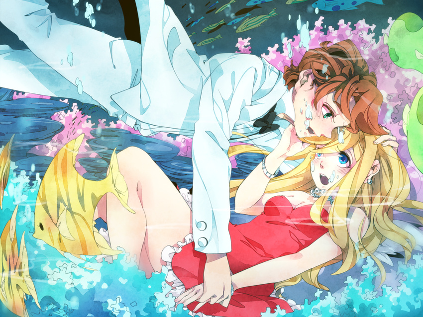1girl alternate_hairstyle aquarium bare_shoulders blonde_hair blue_eyes bow bowtie bracelet brief_(psg) bubble coral couple dress earrings fish formal freckles green_eyes hand_on_another's_face hand_on_head hetero highres holding_hands jewelry long_hair meo orange_hair panty_&amp;_stocking_with_garterbelt panty_(psg) red_dress short_hair skirt sleeveless tuxedo underwater