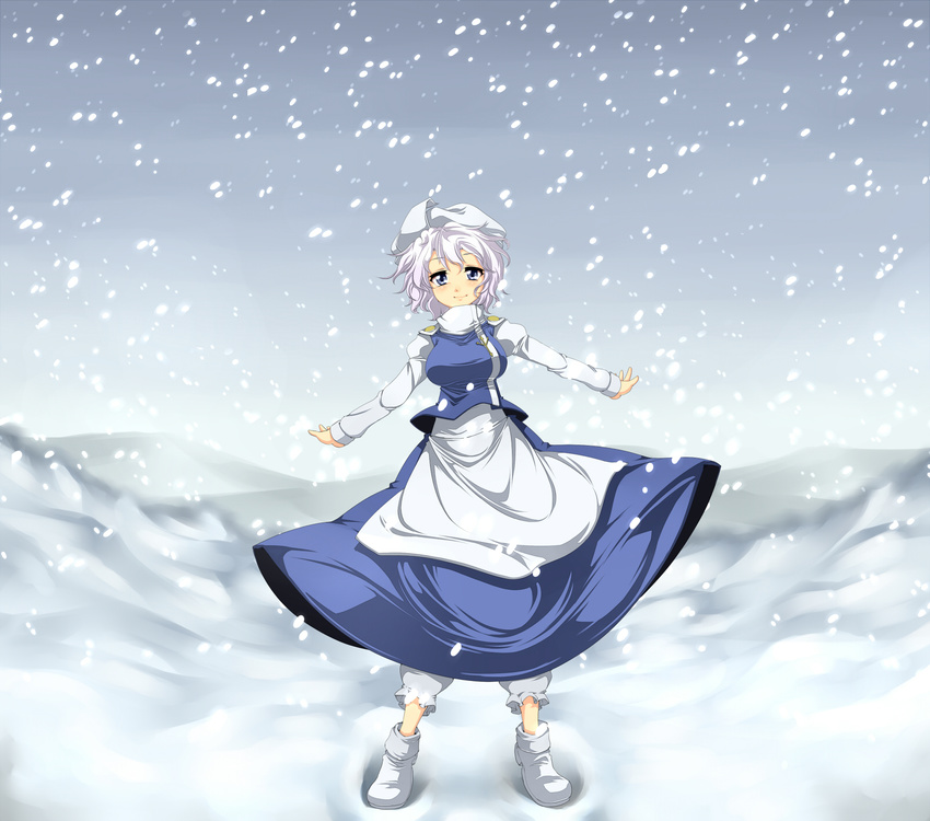 blue_eyes breasts harusame_(unmei_no_ikasumi) hat highres large_breasts letty_whiterock outstretched_arms short_hair smile snow solo spread_arms touhou white_hair
