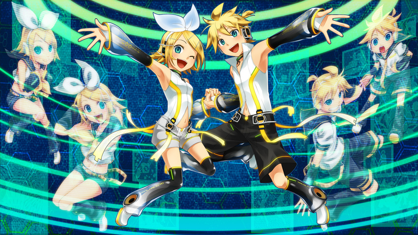1girl aqua_eyes arm_warmers blonde_hair brother_and_sister detached_sleeves hair_ornament hair_ribbon hairclip headphones hexagon highres holding_hands junji kagamine_len kagamine_len_(append) kagamine_rin kagamine_rin_(append) leg_warmers navel one_eye_closed ribbon short_hair shorts siblings smile twins vocaloid vocaloid_append