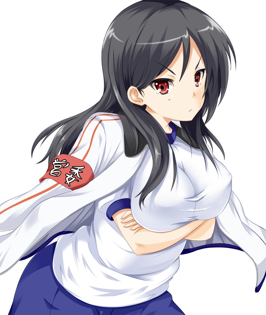 armband black_hair blush breast_hold breasts clothes_writing commentary_request crossed_arms fukiyose_seiri gym_shirt highres hinata_sora jacket jacket_on_shoulders large_breasts long_hair red_eyes shirt short_sleeves solo taut_clothes taut_shirt to_aru_majutsu_no_index track_jacket v-shaped_eyebrows
