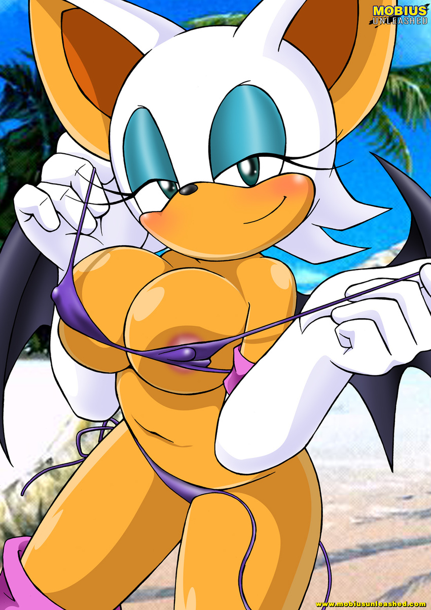 bat bikini blush female looking_at_viewer mobius_unleashed rouge_the_bat skimpy solo sonic_(series) undressing