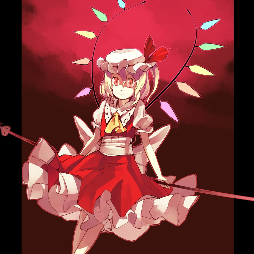 ascot blonde_hair bow dress flandre_scarlet hat hat_bow highres laevatein large_bow pillarboxed red_eyes shihou_(g-o-s) short_sleeves side_ponytail slit_pupils solo touhou wings