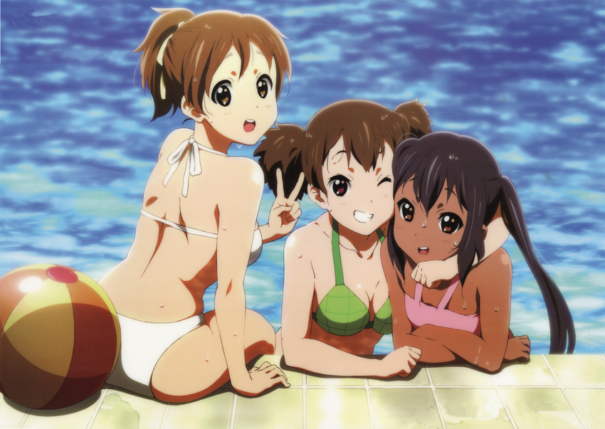 :d ball beachball bikini black_hair breasts brown_eyes brown_hair casual_one-piece_swimsuit cleavage crossed_arms day grin hair_ribbon halterneck highres hirasawa_ui hug k-on! looking_back medium_breasts multiple_girls nakano_azusa non-web_source official_art one-piece_swimsuit one_eye_closed open_mouth outdoors pink_eyes pink_swimsuit ponytail pool poolside reference_work ribbon round_teeth short_twintails smile suzuki_jun swimsuit tan teeth tiles tsuji_masatoshi twintails v water wet