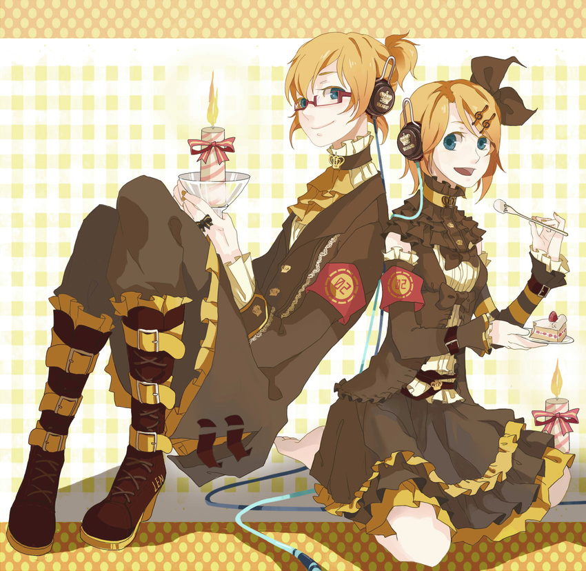 1girl aqua_eyes back-to-back bad_id bad_pixiv_id bespectacled blonde_hair brother_and_sister candle cynthia0917 detached_sleeves dress frills glasses hair_ornament hair_ribbon hairclip highres kagamine_len kagamine_rin ribbon short_hair siblings smile spoon twins vocaloid