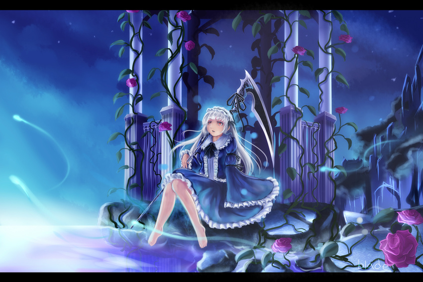 albino barefoot blue_dress column dress flower frills headdress long_hair original pillar purple_flower purple_rose qblade red_eyes rose scythe sitting solo white_hair