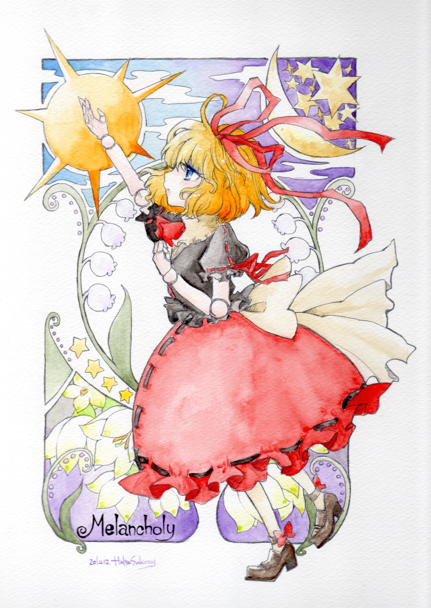 absurdres blonde_hair blue_eyes bubble_skirt character_name doll_joints dress flower graphite_(medium) highres lily_of_the_valley medicine_melancholy moon reaching sakurai_haruto skirt solo star sun touhou traditional_media watercolor_(medium)