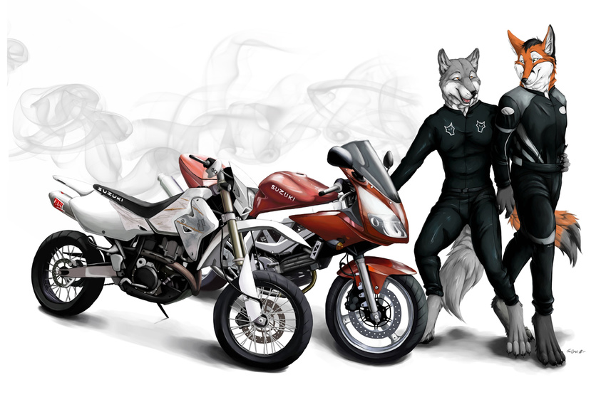 canine cute dog fox friends gay invalid_tag leather male mammal motorbike plain_background suit suzuki tails truegrave9 white_background wolf
