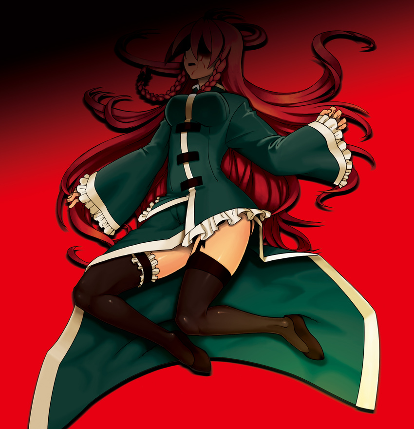 alternate_costume blood blood_on_face braid china_dress chinese_clothes dress frills garter_straps garters highres hong_meiling kagehito long_hair lying on_back panties red_hair shaded_face solo thighhighs touhou twin_braids underwear