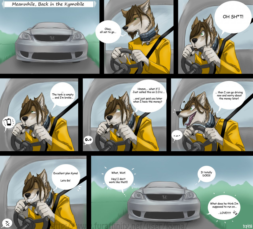 &gt;:( ._. 2010 brown_hair canine car collar comic dialogue dog english_text grass green_eyes hair kyma kyma_(character) male mind_over_matter o_o open_mouth road seatbelt shirt short_brown_hair short_hair sky solo steering_wheel teeth tongue