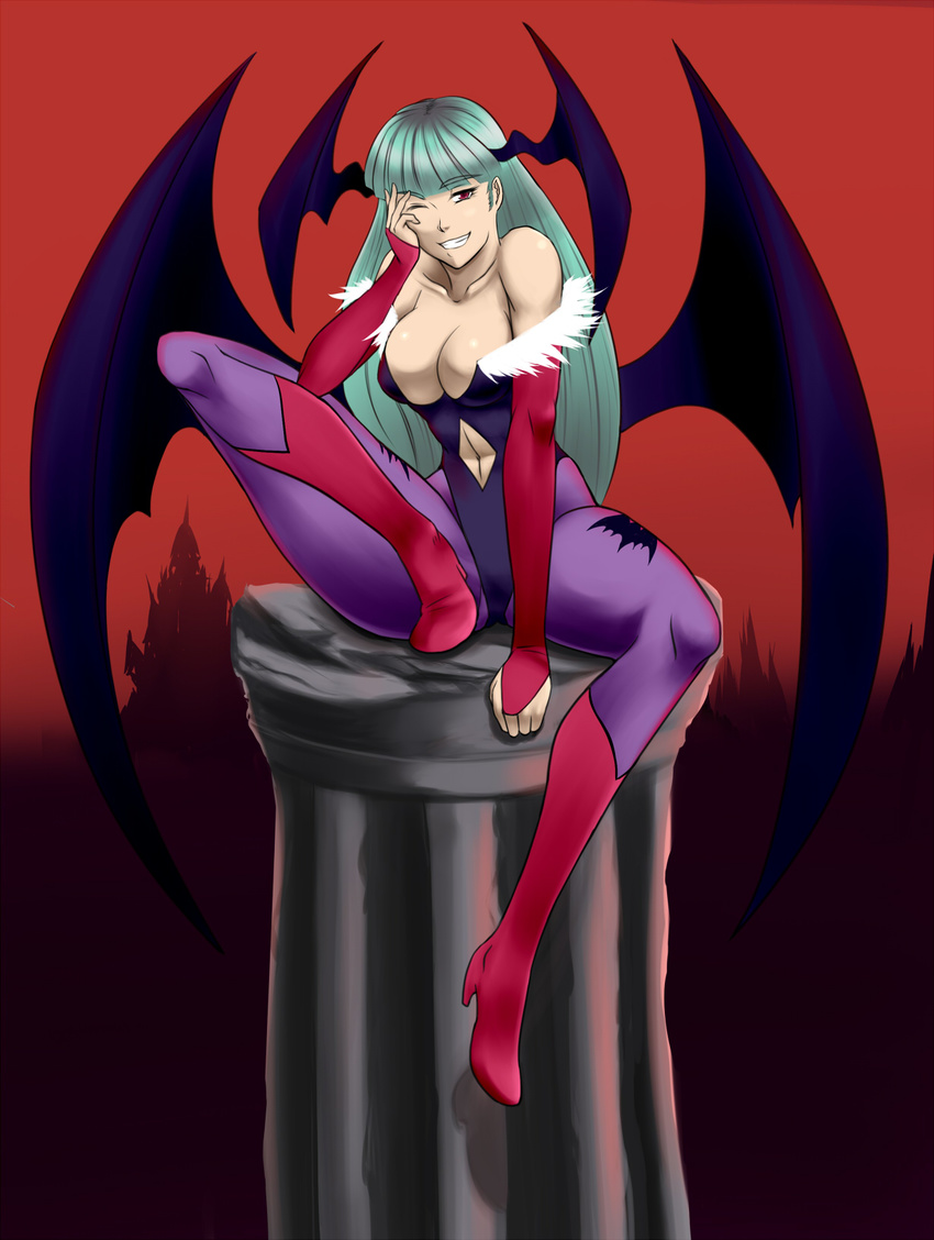 1girl boots breasts capcom cleavage darkstalkers demon_girl female grin hand_on_another's_face hand_on_face hand_on_own_face head_wings headwings high_heel_boots high_heels highres looking_at_viewer mono_(john_doe) morrigan_aensland sitting smile solo succubus vampire_(game) wings