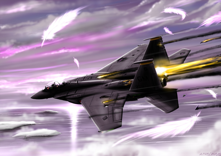 ace_combat_6 aircraft airplane commentary damaged dying f-15_eagle feathers fighter_jet fire flying highres jet military military_vehicle no_humans pilot spoilers zephyr164
