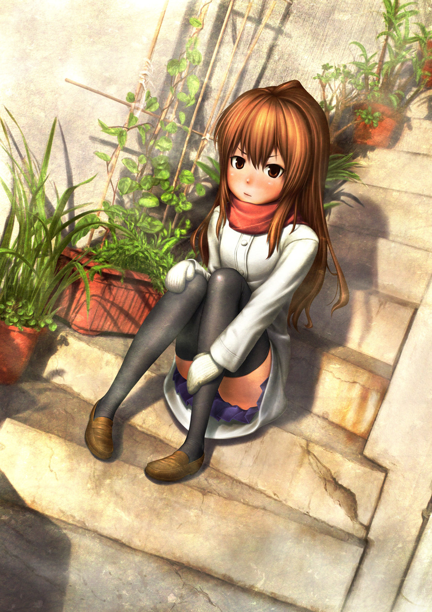 aisaka_taiga brown_eyes brown_hair coat dutch_angle highres long_hair mittens scarf sitting sitting_on_stairs solo stairs thighhighs toradora! uepon winter_clothes