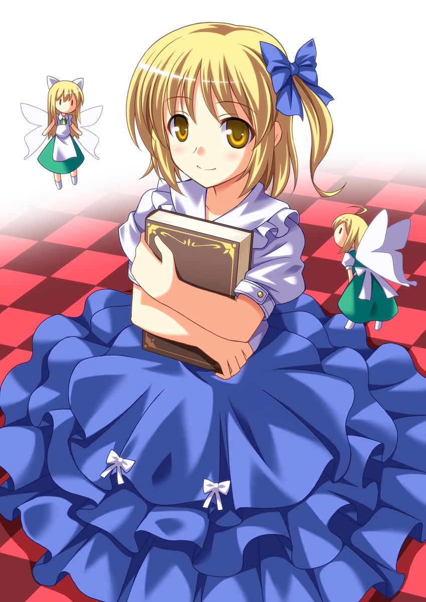 alice_margatroid alice_margatroid_(pc-98) alternate_hairstyle bad_id bad_pixiv_id bow checkered checkered_floor doll dress fairy_wings hair_bow highres short_hair side_ponytail sitting smile solo soukai_(lemonmaiden) touhou touhou_(pc-98) wings yellow_eyes