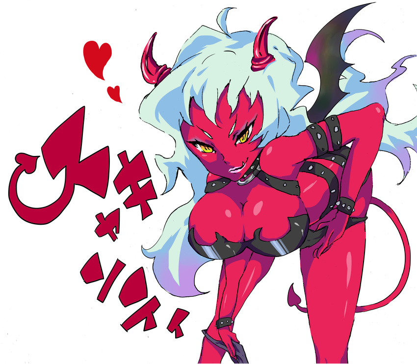 absurdres bare_shoulders breasts cleavage collar demon_girl fang hanging_breasts heart highres horns leaning_forward lips panty_&amp;_stocking_with_garterbelt red_skin scan scanty scanty_(psg) simple_background smile tail thighs white_hair wings yellow_eyes