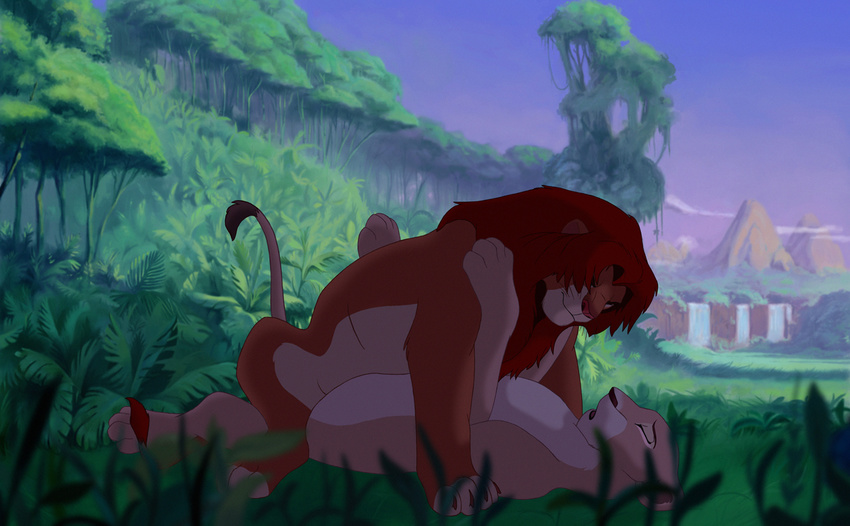 eyes_closed feline female feral grass jungle kuna lion lying male mammal missionary_position mountain nala on_back raised_tail sex simba straight tail the_lion_king