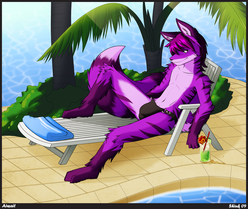 anthro body_markings bulge canine drink fox looking_at_viewer lounge_chair male mammal markings shiuk smile solo stripes topless