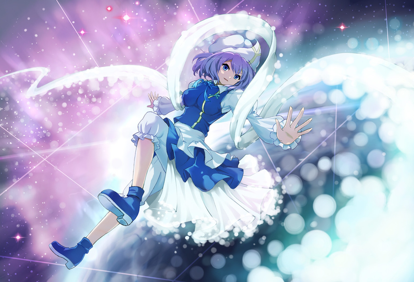 apron blue_door blue_eyes hat lavender_hair letty_whiterock outstretched_arms outstretched_hand purple_hair shawl short_hair smile solo spread_arms touhou waist_apron wallpaper