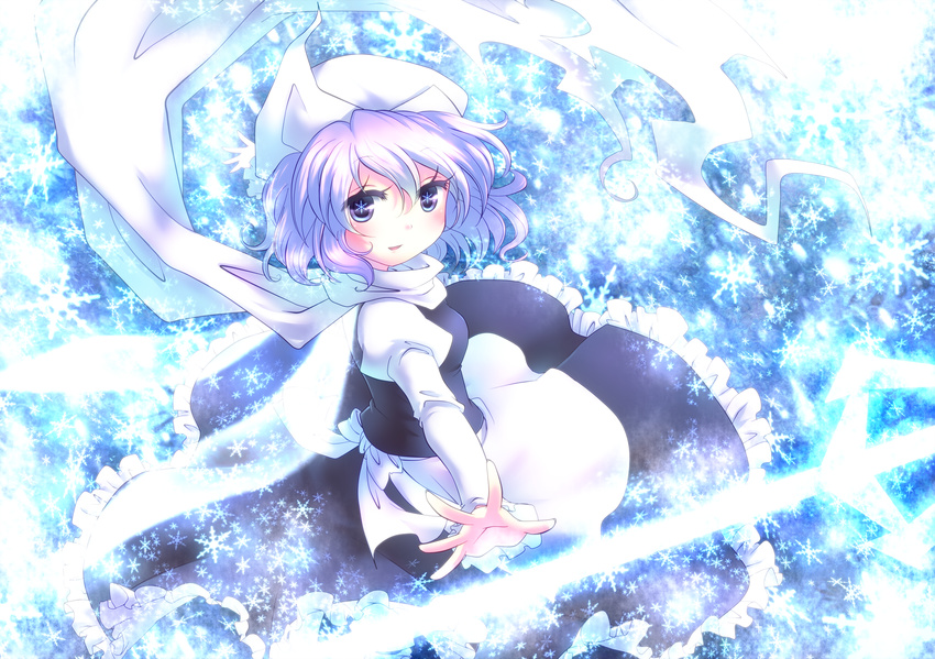 blue_eyes blush hat highres lavender_hair letty_whiterock light_smile looking_at_viewer magic miruki outstretched_arm outstretched_hand short_hair smile snowflakes solo symbol-shaped_pupils touhou