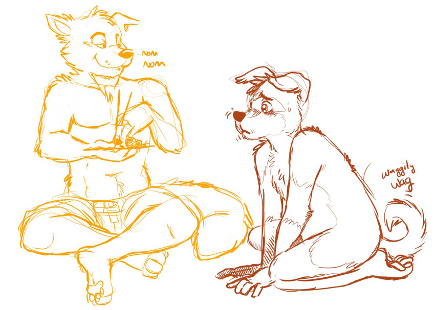 begging canine chop_sticks chopsticks dog duo eating food hungry kneeling male mammal markings monochrome nom nude orange_and_white plain_background red_and_white sitting socks_(marking) sweat tailwag teasing topless unknown_artist wagging white_background