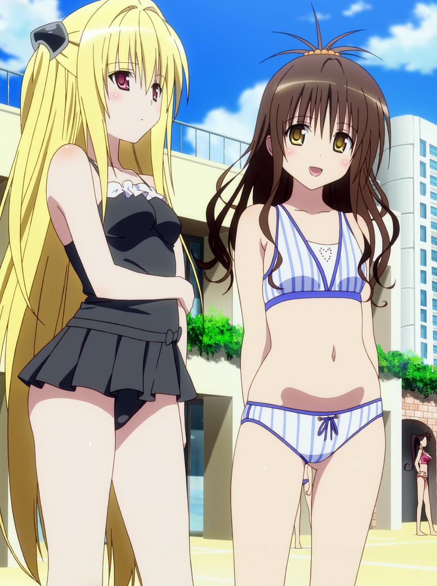 :d artist_request bikini blonde_hair blush bow brown_hair casual_one-piece_swimsuit heart highres konjiki_no_yami long_hair multiple_girls navel one-piece_swimsuit open_mouth red_eyes screencap smile stitched striped striped_bikini striped_swimsuit swimsuit third-party_edit to_love-ru very_long_hair yellow_eyes yuuki_mikan