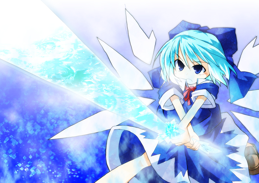 blue blue_background blue_eyes blue_hair bow cirno crystal_sword hair_bow highres ice solo sunrise_stance sword touhou weapon wings x_arms yuuhi_alpha