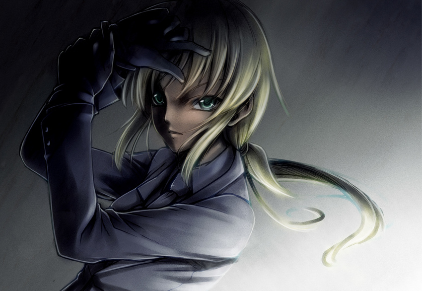 artoria_pendragon_(all) black_gloves blonde_hair fate/zero fate_(series) formal gloves green_eyes highres ponytail reverse_trap saber solo suit uraomote