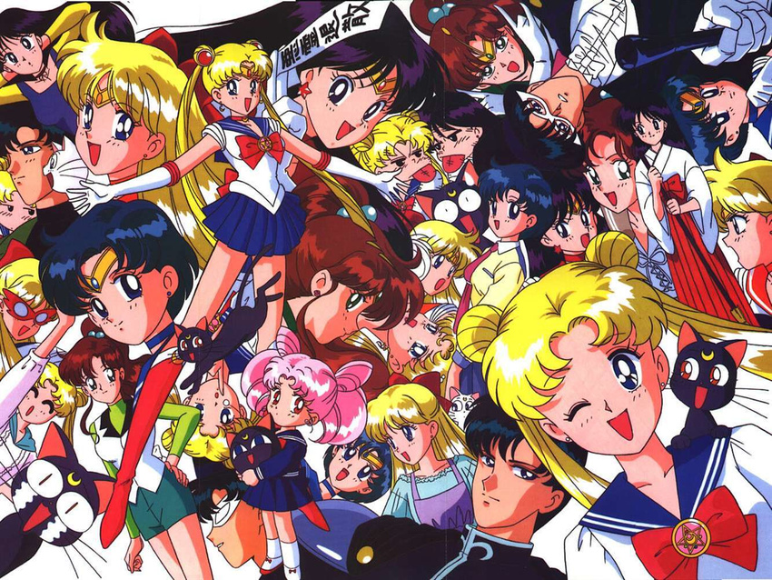 6+girls ^_^ aino_minako artemis artemis_(sailor_moon) bishoujo_senshi_sailor_moon chaos chiba_mamoru everyone eyes_closed hino_rei kino_makoto luna mizuno_ami multiple_girls official_art sailor_jupiter sailor_mars sailor_mercury sailor_moon sailor_v sailor_venus smile tsukino_usagi tuxedo_kamen tuxedo_mask