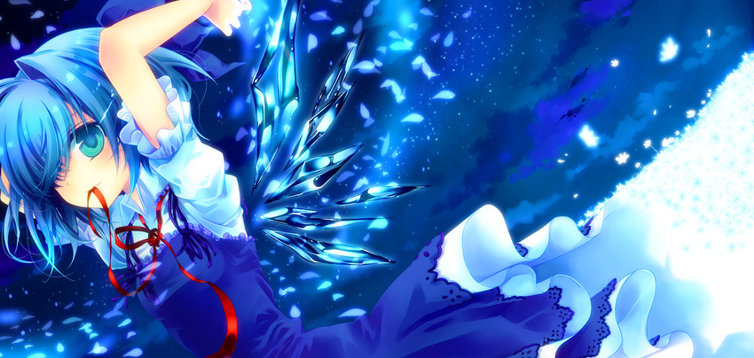 arms_behind_head arms_up blue blue_eyes blue_hair cirno cloud dress dutch_angle embellished_costume flower hair_over_one_eye highres ice ice_wings konno_kengo mouth_hold night petticoat ribbon ribbon_in_mouth short_hair sky solo touhou wings