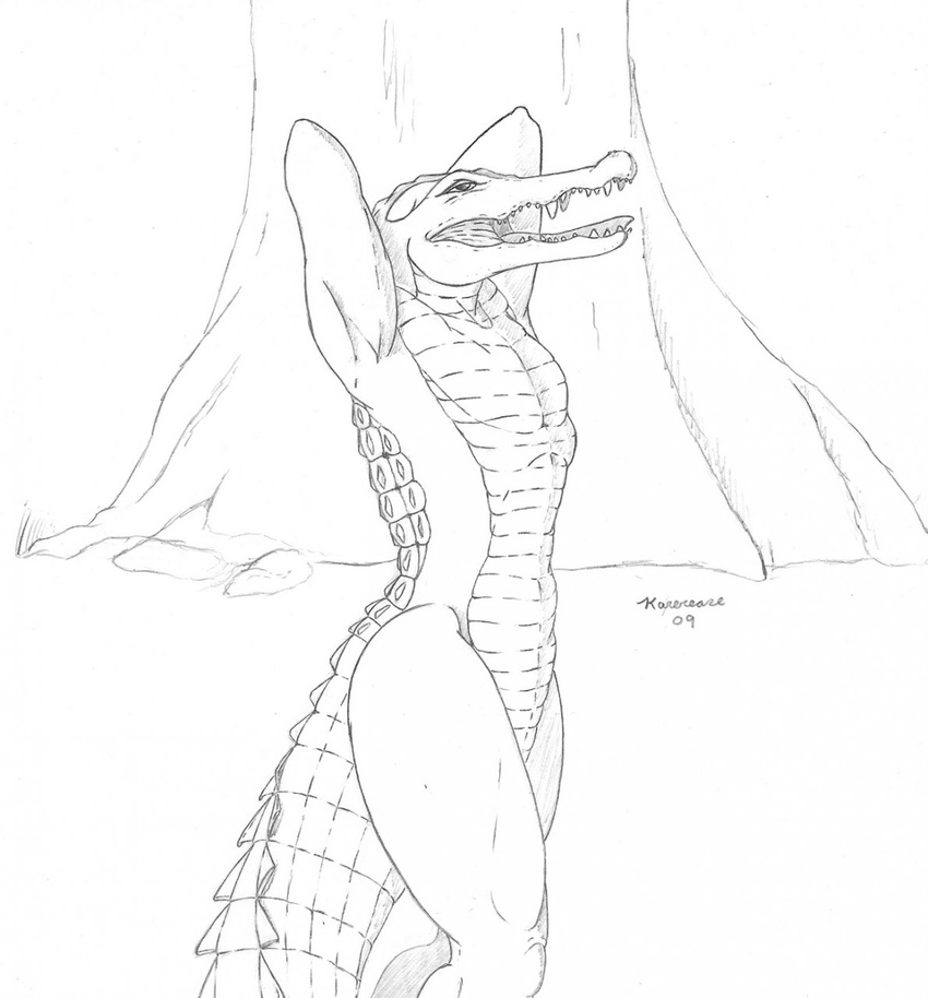alligator black_and_white female karerease monochrome nude plain_background reptile scalie solo stretching white_background