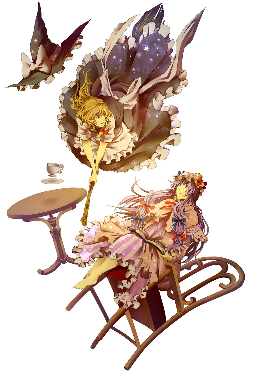 absurdres bad_id bad_pixiv_id barefoot blonde_hair broom broom_riding chair cup eye_contact falling hat hat_removed headwear_removed highres kirisame_marisa long_hair looking_at_another multiple_girls patchouli_knowledge purple_eyes purple_hair simple_background sitting table teacup touhou vitaminlemon witch_hat yellow_eyes