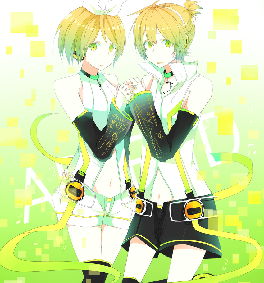 1girl bad_id bad_pixiv_id blonde_hair brother_and_sister hair_ornament hair_ribbon hairclip headphones headset highres kagamine_len kagamine_len_(append) kagamine_rin kagamine_rin_(append) mono_(recall) ribbon siblings thighhighs twins vocaloid vocaloid_append