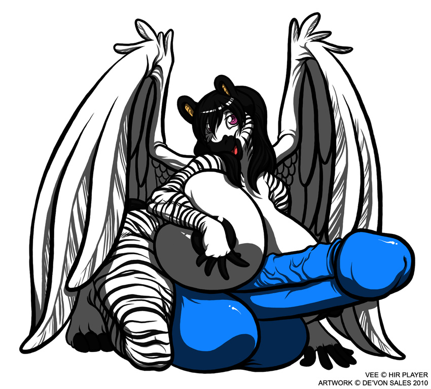 anthro balls big_balls big_breasts black black_fur black_hair blue_balls blue_penis breasts deonwolf equine fur hair herm huge_breasts hyper hyper_balls hyper_breasts hyper_penis intersex long_hair looking_at_viewer mammal nude open_mouth penis plain_background purple_eyes solo stripes vee_stripe white white_background white_fur wings zebra
