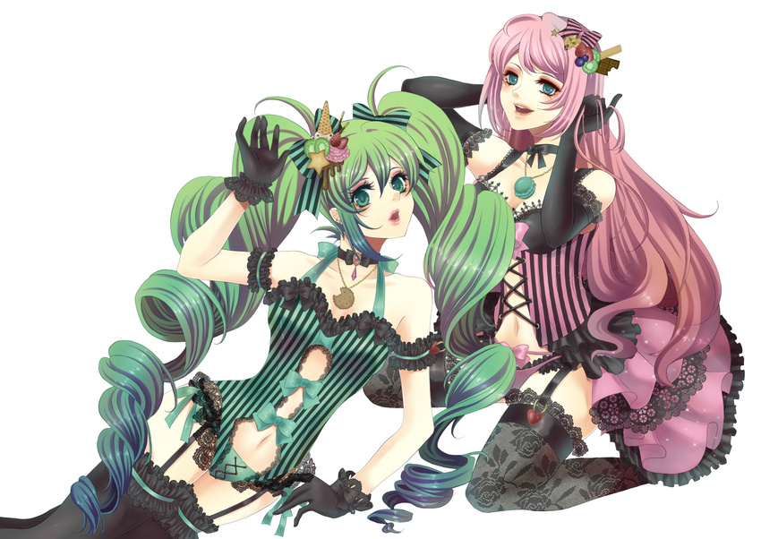 bow cake candy choker drill_hair elbow_gloves extraction fishnets food fruit garters gloves green_hair hair_bow hair_ornament hatsune_miku highres jewelry lipstick long_hair makeup megurine_luka multiple_girls necklace panties pink_hair ruitan_(rrruitan) simple_background strawberry thighhighs twin_drills twintails underwear very_long_hair vocaloid