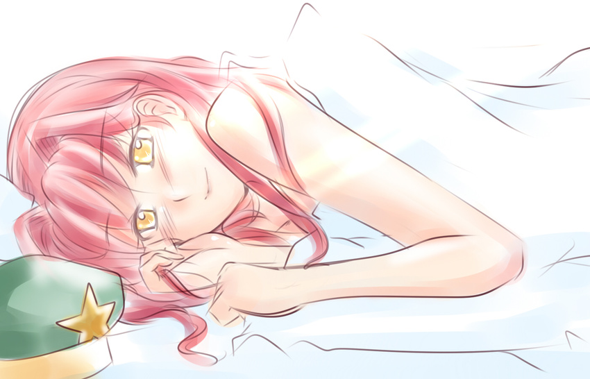 bed blush hat hat_removed headwear_removed hong_meiling long_hair looking_at_viewer lying on_side red_hair reizou smile solo touhou yellow_eyes