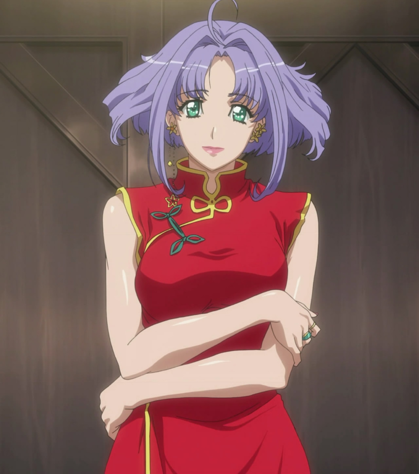 breasts china_dress chinese_clothes dress green_eyes highres large_breasts mitsuko_isurugi purple_hair screencap short_hair solo stitched super_robot_wars super_robot_wars_og_the_inspector super_robot_wars_original_generation third-party_edit